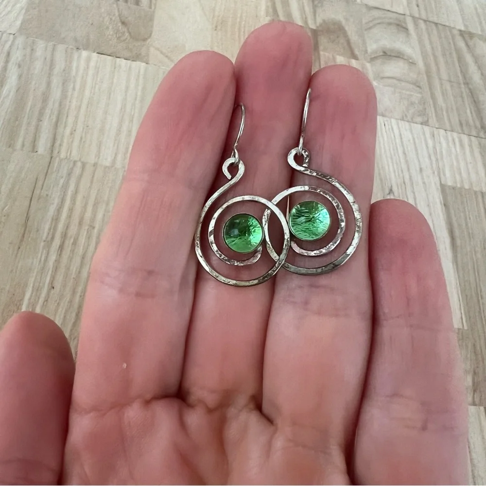 silver green glass spiral dangle drop earrings on hooks